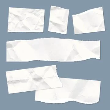 Realistic empty torn wrinkled paper notes on blue background. Vector Stock Illustration