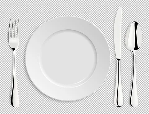 Realistic empty vector plate with spoon, knife and fork isolated. Design temp Stock Illustration