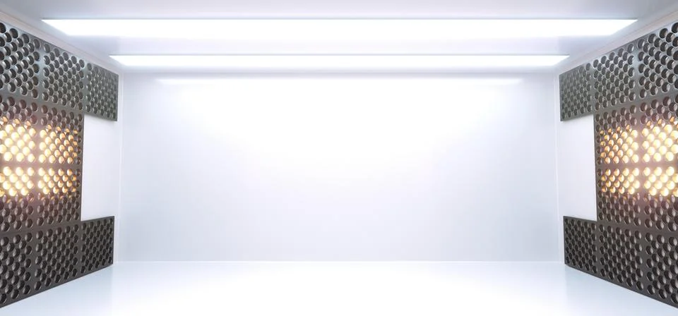 Realistic Empty White Corridor With Grid Mesh Walls And Lights イラスト素材