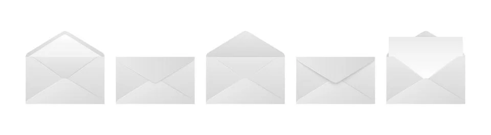 Realistic envelopes. Folded unfolded envelope mockup set isolated on white Stock Illustration
