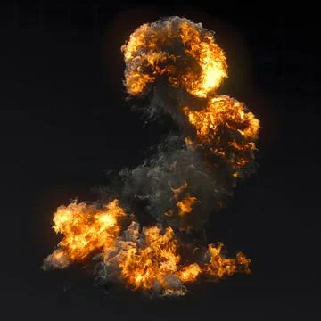 Realistic explosion with bright flames and dark smoke on a black background Stock Illustration
