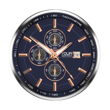 Realistic face watch clock chronograph stainless steel copper on white Stock Illustration