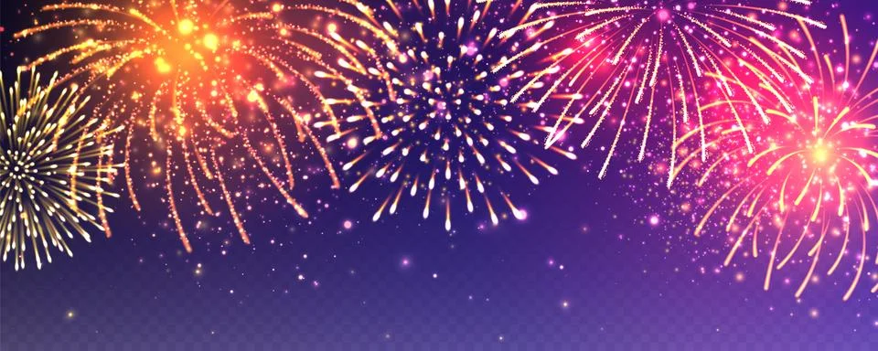 Realistic festive fireworks with transparency effect. Colorful explosion with Stock Illustration