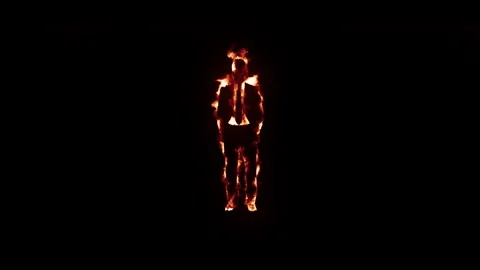 Realistic fire effect of man silhouette with burning flames on black background Stock Footage 327557192