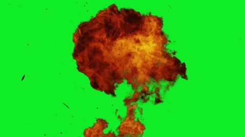 Realistic fire explosion with black smoke and debris on green screen background Stock Footage 332888682