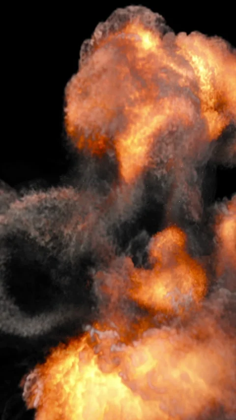 Realistic fire explosion with smoke on black background Stock Footage 345202654