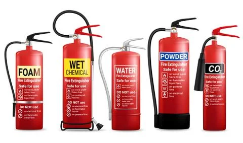 Realistic fire extinguisher set, vector isolated illustration Stock Illustration