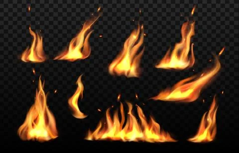 Realistic fire flames, burn torch and campfire Stock Illustration