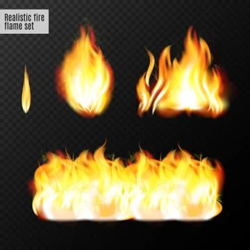 Realistic fire flames set. Real transparency effects. Vector Illustrazione stock