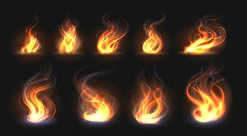 Realistic fire flames. Transparent torch effect, abstract red light flare Illustrazione stock