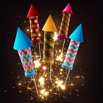 Realistic Firecrackers with Light Explosive Effect, Firework Rockets with S.. Stock Illustration