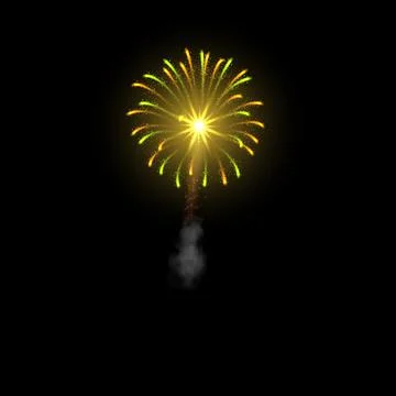 Realistic firework explosion with smoke trail, glowing sparks and yellow-green Stock Illustration