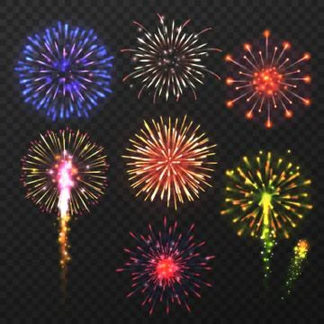 Realistic fireworks. Carnival multicolored firework explosion, christmas day Stock Illustration