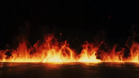 Realistic Flames Burning Across Dark Floor With Reflection and Smoke Stock-Footage 335833069