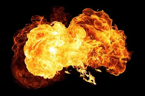 Realistic flames explosion isolated on black background Stock Photos