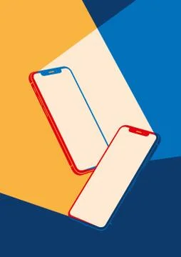 Realistic flat modern, two smart phone with color glow on dark background. Stock Illustration