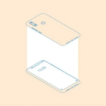 Realistic flat outline modern, two smart phone with glow on light background. Stock Illustration
