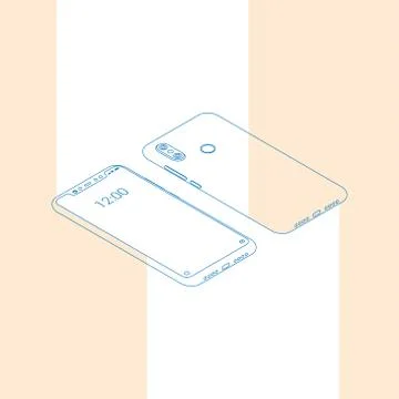 Realistic flat outline modern, two smart phone with glow on light background. Stock Illustration