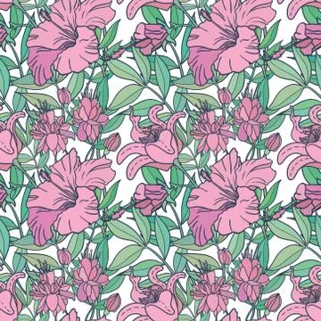 Realistic floral seamless pattern. Vector background with flowers and leaves. Stock Illustration