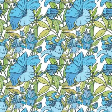 Realistic floral seamless pattern. Vector background with flowers and leaves. Stock Illustration