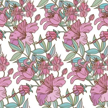 Realistic floral seamless pattern. Vector background with flowers and leaves. Stock Illustration