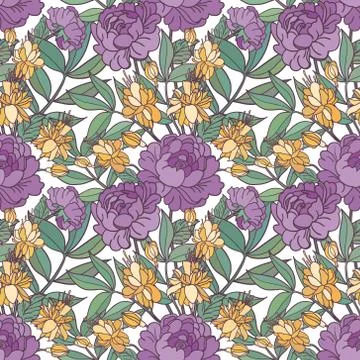 Realistic floral seamless pattern. Vector background with flowers and leaves. Stock Illustration