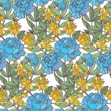 Realistic floral seamless pattern. Vector background with flowers and leaves. Stock Illustration