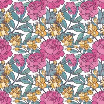 Realistic floral seamless pattern. Vector background with flowers and leaves. Stock Illustration