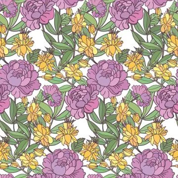 Realistic floral seamless pattern. Vector background with flowers and leaves. Stock Illustration