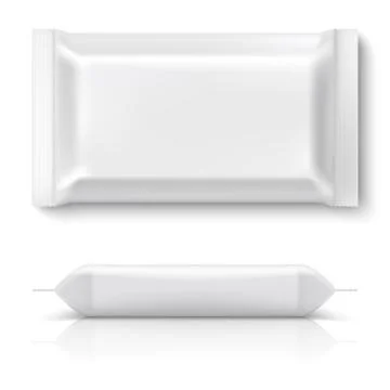 Realistic flow pack. Realistic white food package cookie pillow foil blank snack Stock Illustration