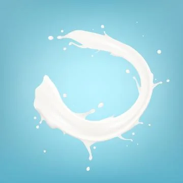 Realistic Flowing Milk Stream Splash Isolated On Blue Background Illustrazione stock