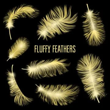 Realistic Fluffy feathers. Falling twirled plumage of white bird on blue Stock Illustration