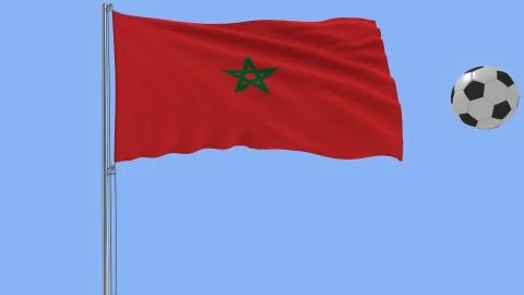 Realistic fluttering flag of Morocco and soccer ball flying around on a blue Stock Illustration