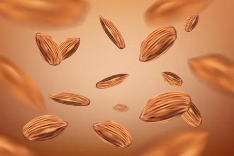 Realistic flying almonds background. Template with almonds for packaging design Stock Illustration