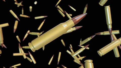 Realistic flying and rotating bullets isolated on black background. Stock Footage 120064102