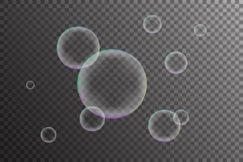 Realistic flying soap bubbles composition with rainbow reflection. Stock Illustration