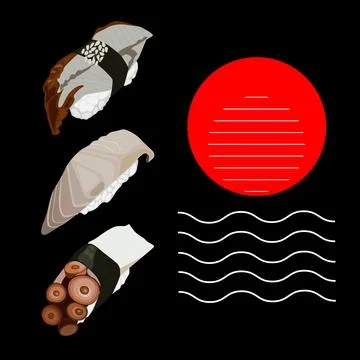 Realistic fresh sushi design concept. Black and red vector illustration of .. Stock Illustration