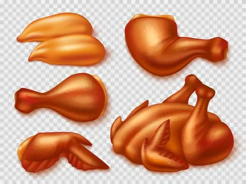 Realistic fried chicken. Cooked poultry with browned crust, roasted turkey Stock Illustration