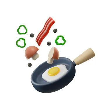 Realistic frying pan with scrambled eggs and falling ingredients 3D style 库存插图