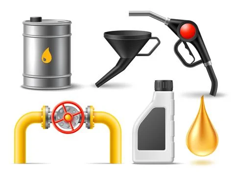 Realistic fuel elements. 3d barrel, golden oil drip, pipeline fragment with 스톡 일러스트