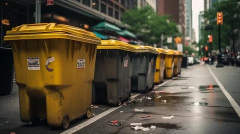 Realistic garbage bins lined up on a bustling city street Stock Photos