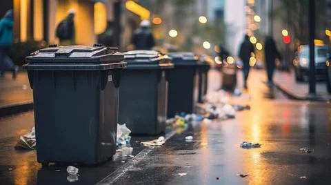 Realistic garbage bins lined up on a bustling city street Stock Photos