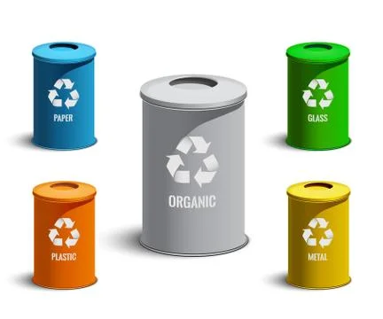Realistic garbage cans isolated on white background. Vector design elements. Stock Illustration
