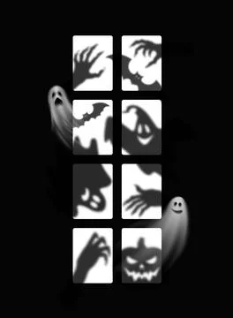 Realistic ghost silhouettes at Halloween window Stock Illustration