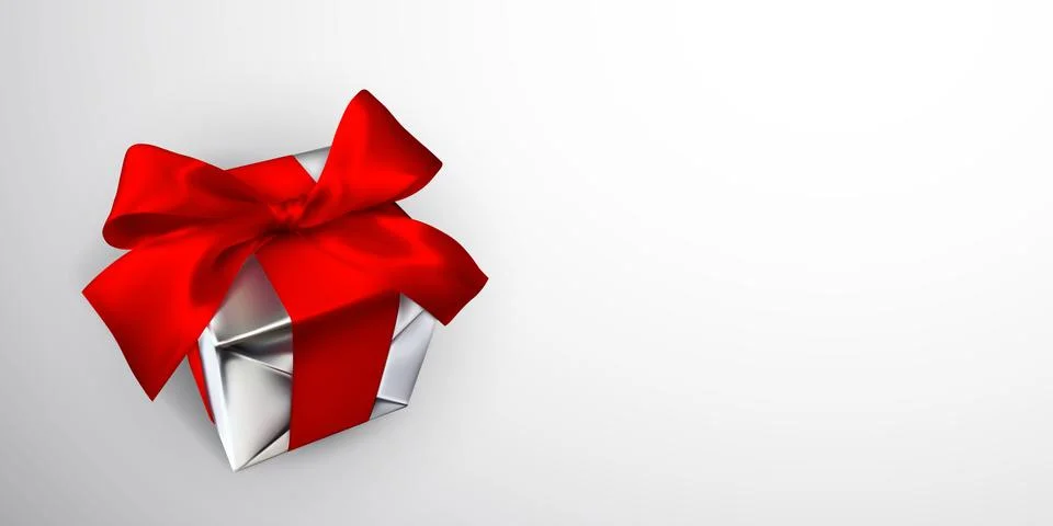 Realistic gift box with red bow isolated on gray background. Vector illustrat Stock Illustration
