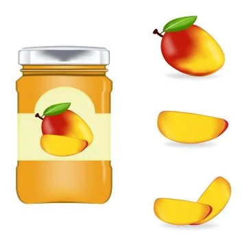 Realistic glass bottle packaging for mango Stock Illustration