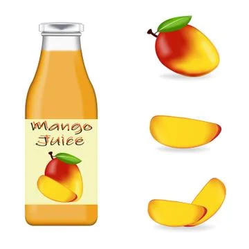 Realistic glass bottle packaging for mango Stock Illustration