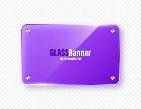 Realistic glass frame. Violet transparent glass banner with flares and Stock Illustration