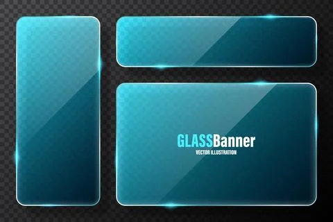 Realistic glass frames collection. Blue transparent glass banners with flares 스톡 일러스트