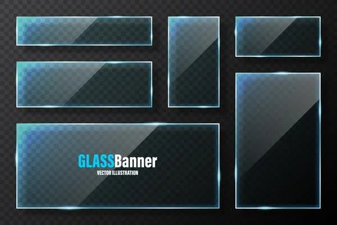 Realistic glass frames collection. Blue transparent glass banners with flares Illustrazione stock